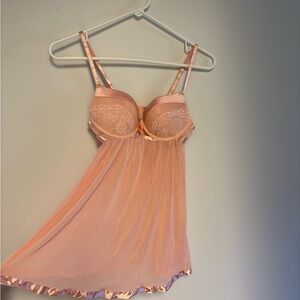 Peach Lace Satin-Trim Babydoll Chemise